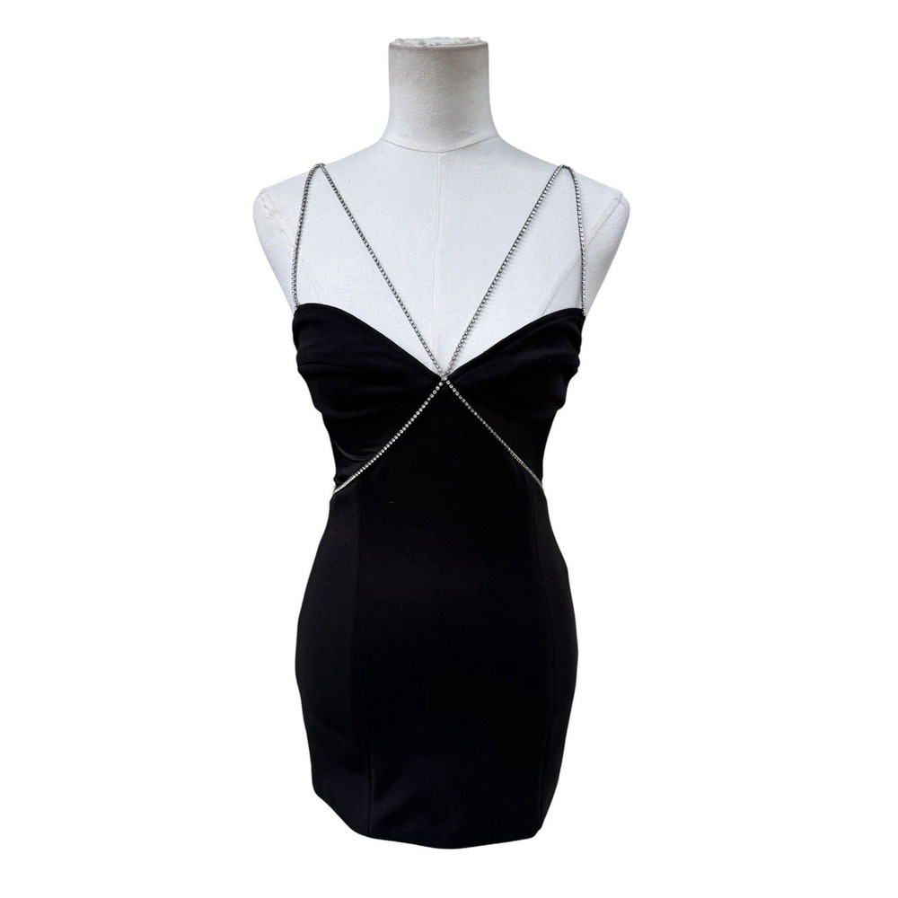 Heiress Beverly Hills Black Rhinestone Chain Mini Dress Bodycon Y2K Small
